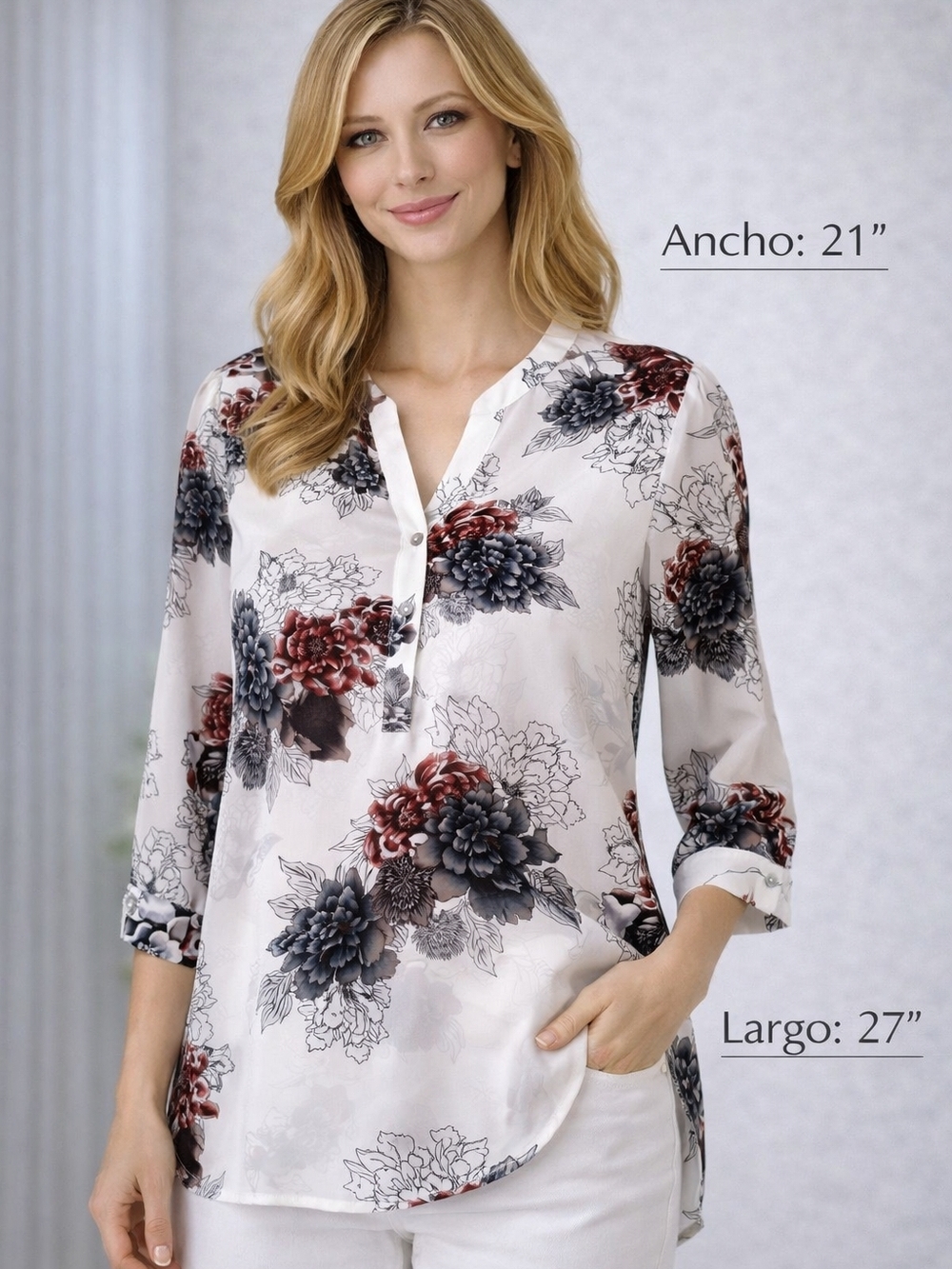 Daniel Rainn Ivory Floral V-Neck Tunic with Black & Burgundy Blooms